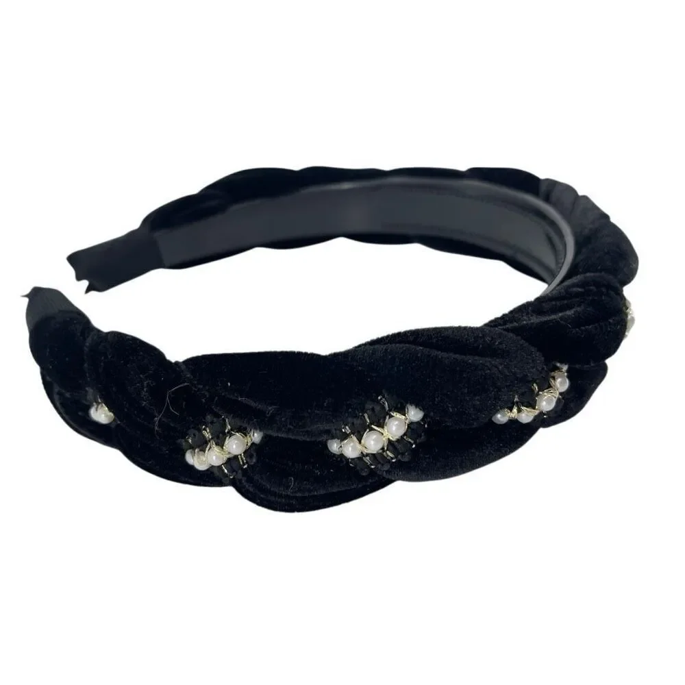 Black Velvet Pearl Headband Padded Knot Braided Coquette Glam Hair Accessory